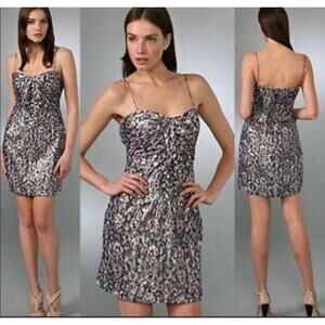 Elie Tahari Nia Silk Abtract Water Color Ruffle Purple Gold Metallic Dress Large